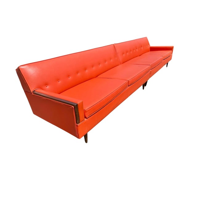 Mid-Century Modern Orange & Walnut 2-Piece Sectional Sofa For Sale - Image 4 of 9