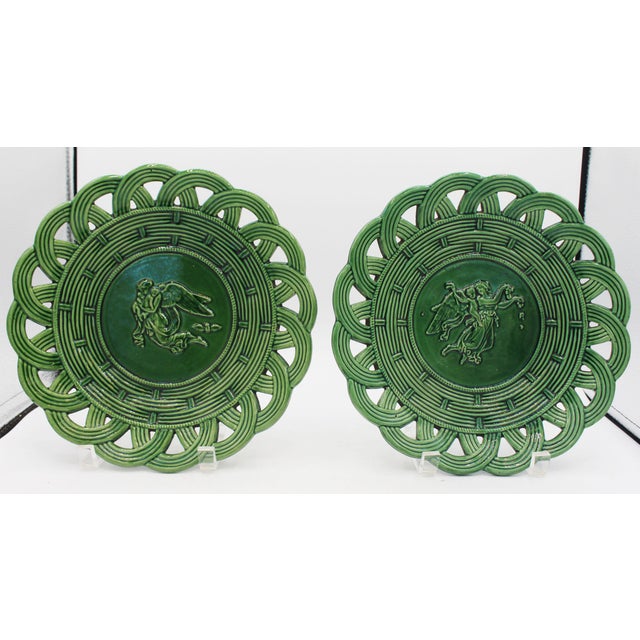 Late 19th century pair of green majolica cabinet plates, Denmark. Marked P.C. Holm, Kjobenhavn (older Danish spelling for...