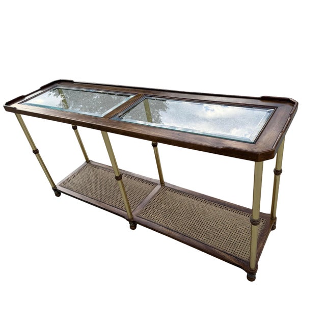Chinoiserie Vintage Hollywood Regency Faux Bamboo Brass Console Table With Cane Shelf & Double Glass Top | Chinoiserie Campaign Entry Table For Sale - Image 3 of 12