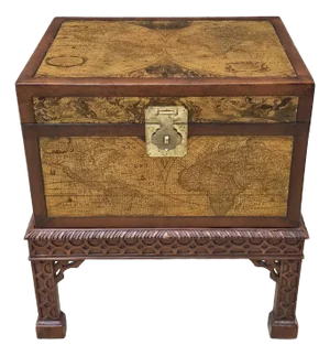 Contemporary Chest on Leather Decorated Carved Fretwork Mahogany Stand