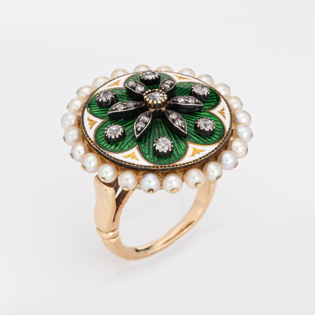 Mid 20th Century Vintage Diamond Pearl Ring Green Enamel Large Round Cocktail 14k Gold Sz 5 For Sale - Image 5 of 6