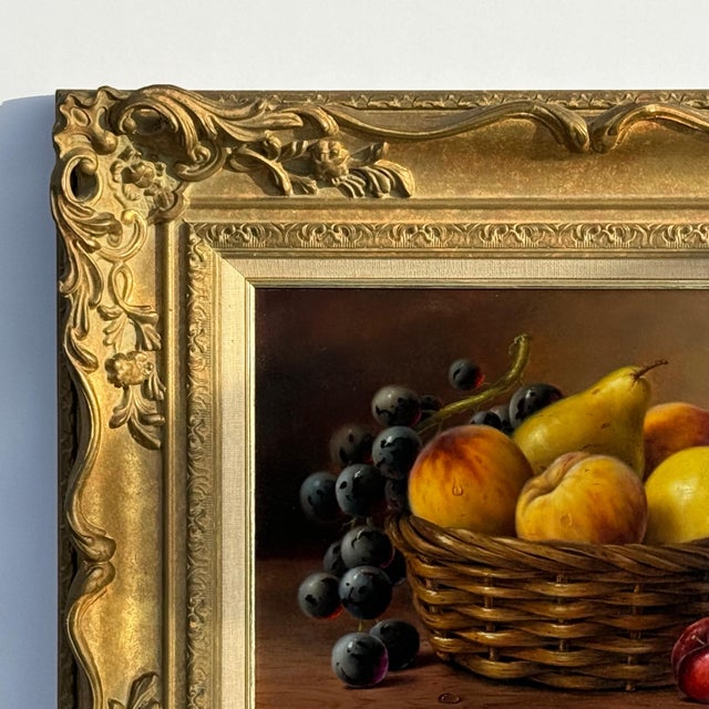 Still Life with Fruit in Basket - Vintage Oil in Ornate Frame by British Artist 1987 For Sale - Image 9 of 12