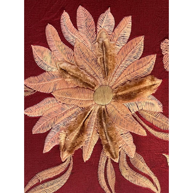 Antique Pair of Burgundy Silk Embroidered Pillows With Tassels Duck Geathers For Sale - Image 4 of 6