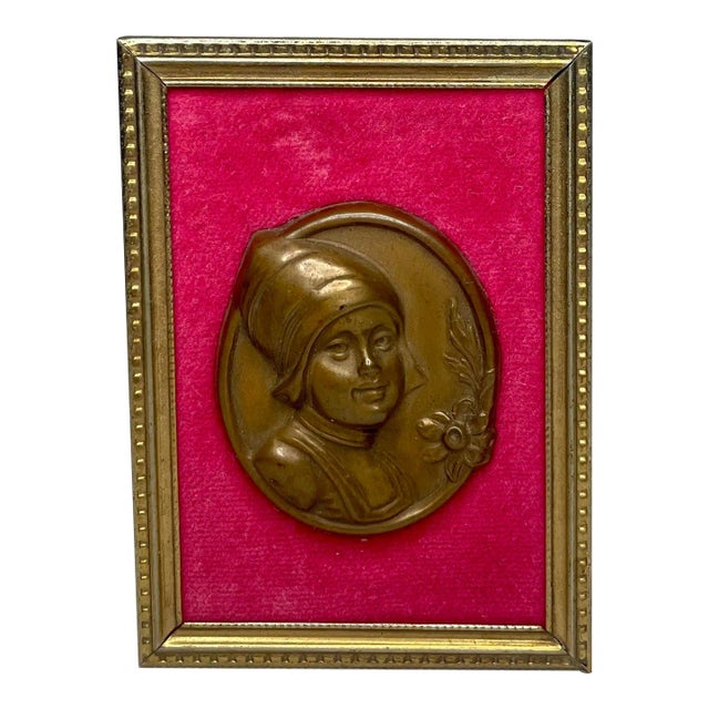 Vintage Renaissance Dutch Girl Brass & Red Velvet Cameo in Repousse' Style For Sale