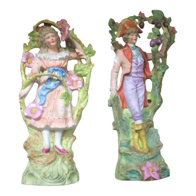 Antique Late 19th Century Victorian French Ornate Bisque Figurines Young Maiden & Gentleman Pair For Sale