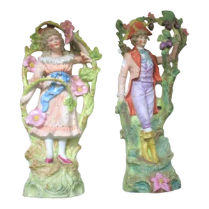 Antique Late 19th Century Victorian French Ornate Bisque Figurines Young Maiden & Gentleman Pair