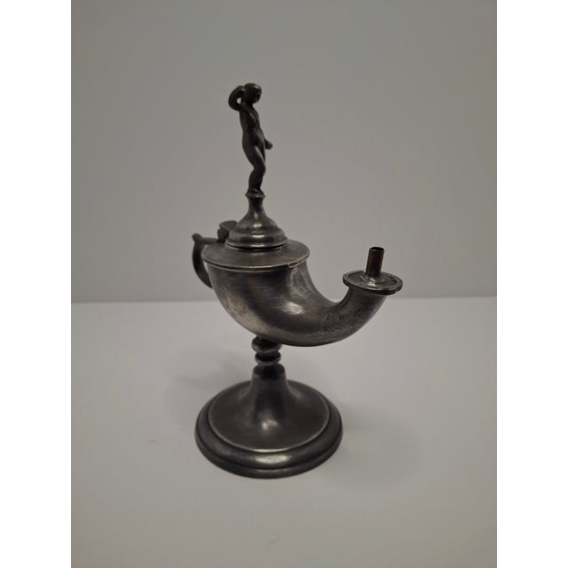 Lot of 2 - 19th C Pewter Whale Oil Fat Lamps W/ Figurine, Wick Pick, European For Sale - Image 12 of 18