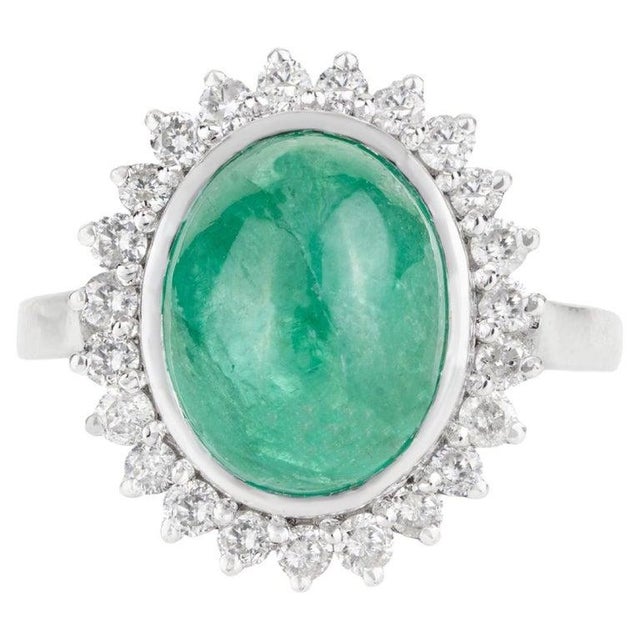 Metal Vintage Inspired Oval Cabochon Emerald Ring With Diamond Halo in Silver - Size 8.5 For Sale - Image 7 of 12