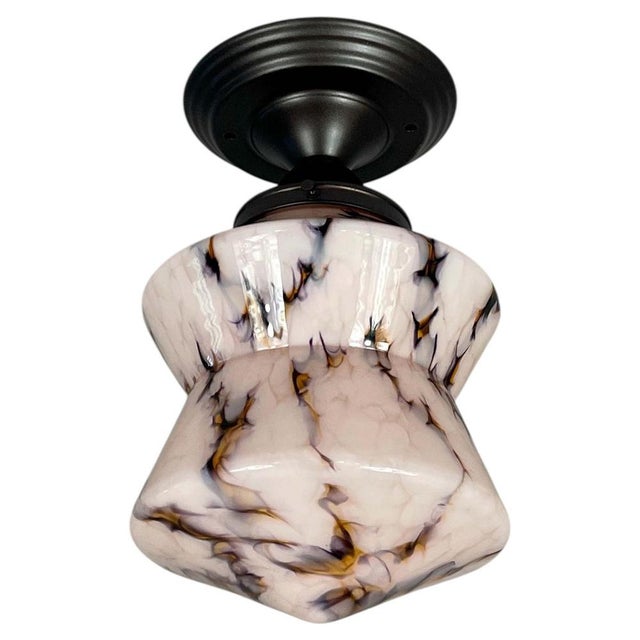 Brown Art Deco Pale Rose Marbled Opaline Glass and Burnished Flush Mount, Germany, 1930s For Sale - Image 8 of 18
