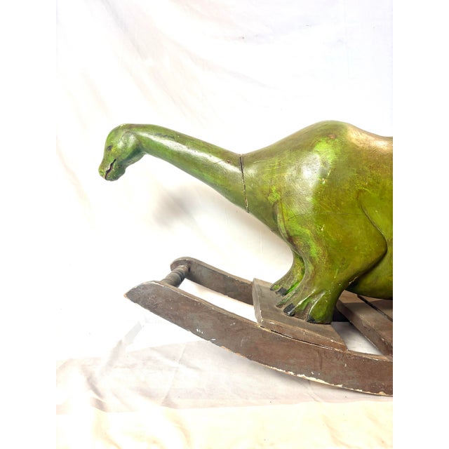 Mid-Century Modern Antique Hand Carved Wooden Dinosaur - Folk Art Children's Rocker For Sale - Image 3 of 12