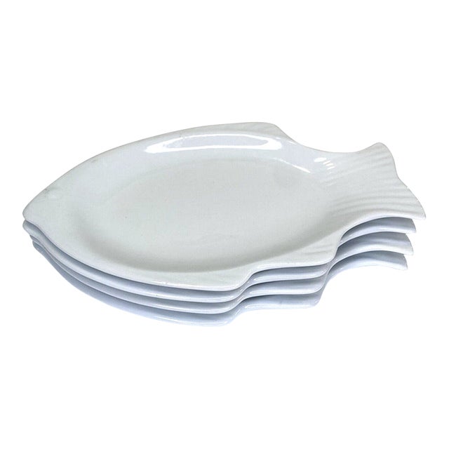 Vintage Mid-Century Modern Williams Sonoma White Porcelain Fish Shaped Plates - Set of 4 For Sale