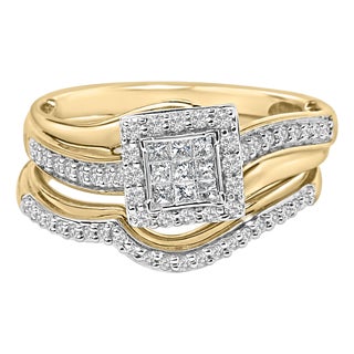 14K Yellow Gold Plated Sterling Silver 1/2 Cttw Princess Square Diamond Bridal Set - Size 7 For Sale