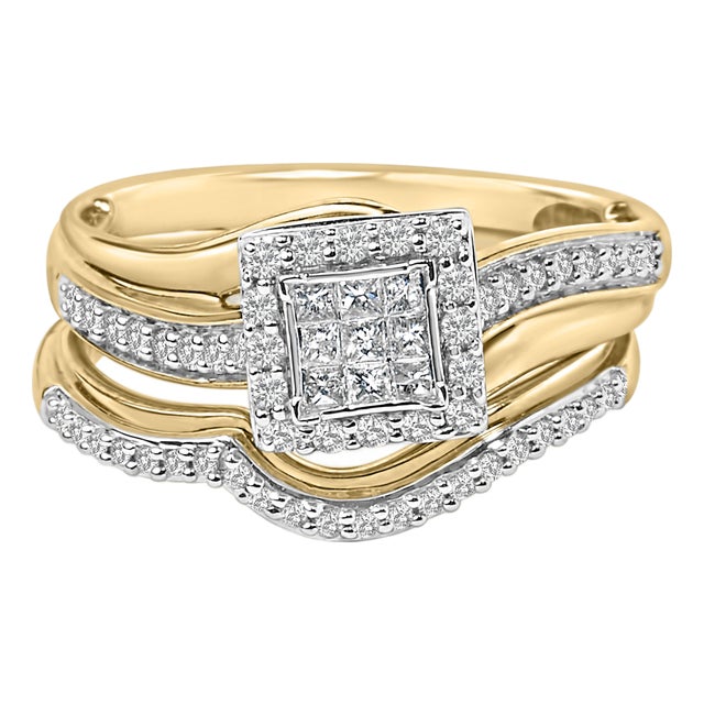 14K Yellow Gold Plated Sterling Silver 1/2 Cttw Princess Square Diamond Bridal Set - Size 7 For Sale