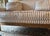 Offered is a vintage striped upholstery settee with removable down-filled seat cushion and accent pillows. This piece was...