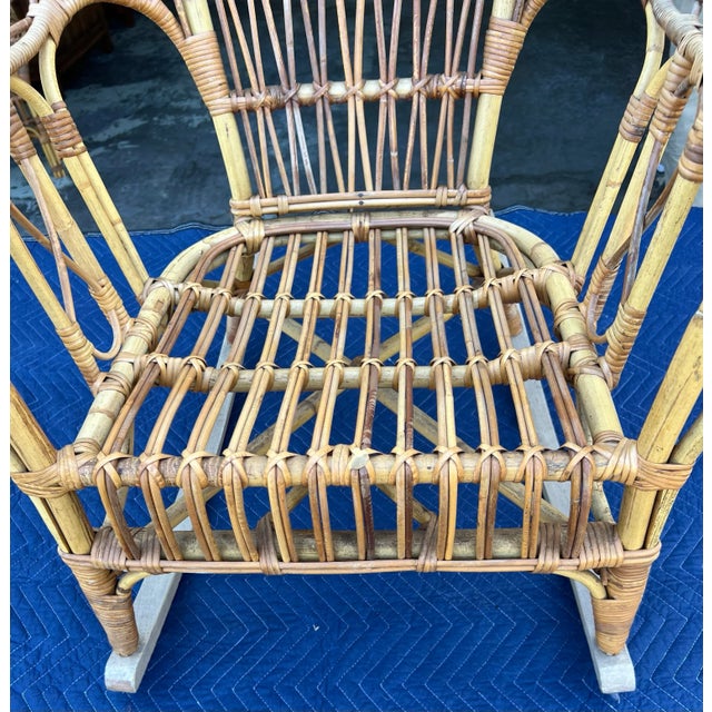 Italian Franco Albini Attributed Mid Century Bamboo Woven Safari Rattan Rocking Chair For Sale - Image 9 of 10