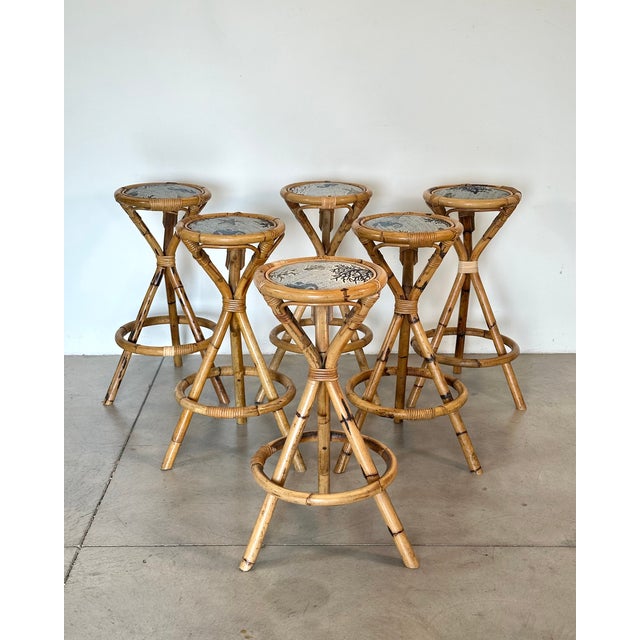 Mid-Century Modern Vintage Bamboo Stools, 1970s, Set of 6 For Sale - Image 3 of 14