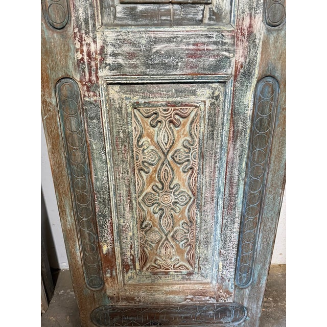 Vintage Floral Carved Wood Barn Door – Distressed Teal Reclaimed Single Door 96x30 For Sale - Image 4 of 7