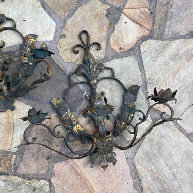 Italian 1960s Italian Style Gilt Iron Candlestick Sconces- a Pair For Sale - Image 3 of 10
