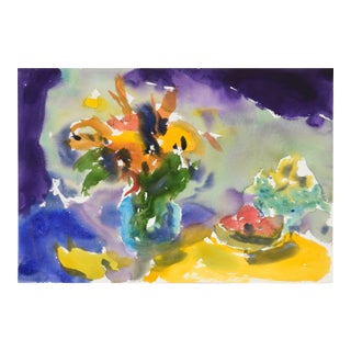 Abstract Still Life With Bouquets and Fruit in Watercolor on Paper by Les Anderson For Sale