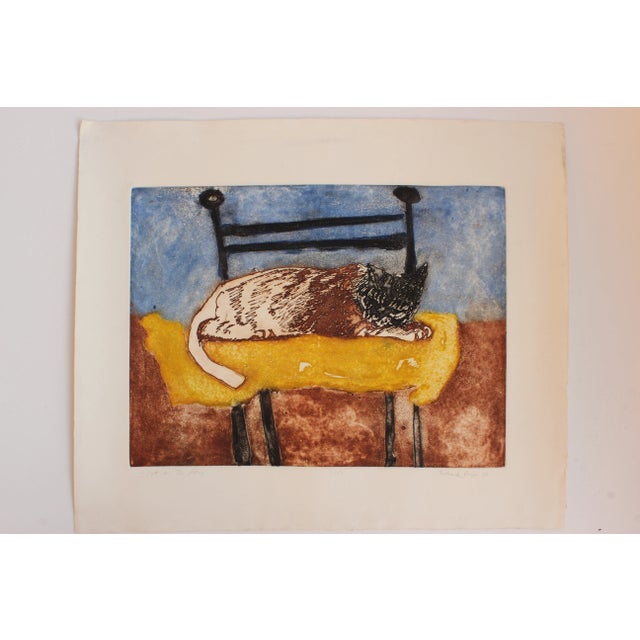 Colorful seventies print of a lounging cat by master printmaker Richard Royce, student of Stanley W. Hayter, (the father...