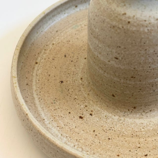 Light Gray Vintage Speckled Pottery Bud Vase and Tray For Sale - Image 8 of 11