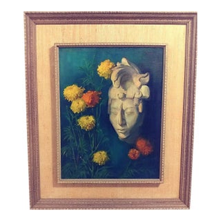 Mid Century Modern Maya King K'inich Janaab' Pakal and Flowers Painting For Sale