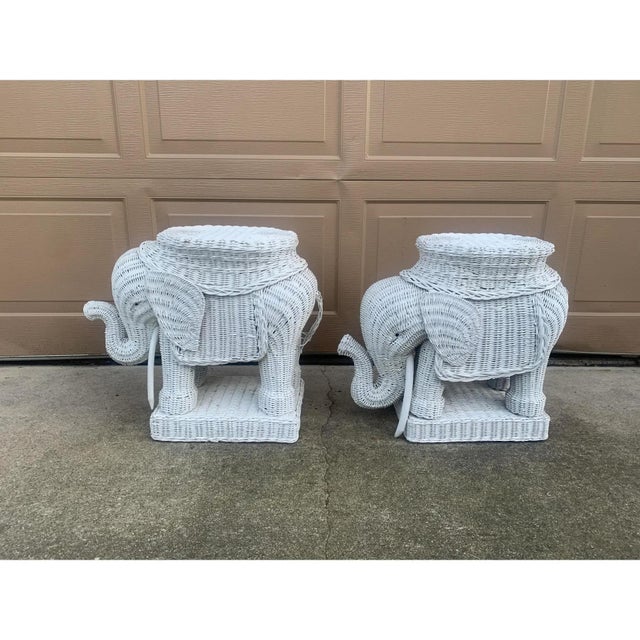 1970s 1970s White Wicker Rattan Elephant Garden Stools or Side Tables, Pair For Sale - Image 5 of 10