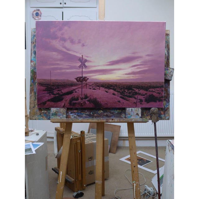 This oil on linen painting depicts a tranquil, expansive landscape at dusk, dominated by soft pink and purple hues that...