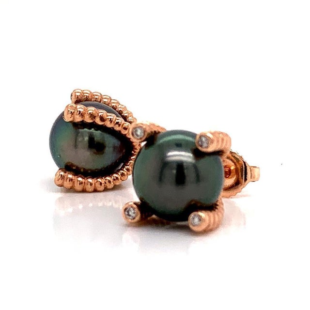 Diamond Large Tahitian Pearl Earrings 14k Rose Gold Certified For Sale - Image 10 of 14