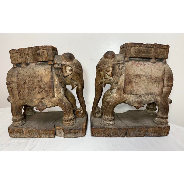 Pair of Antique 1700's Hand Carved Wood India Temple Salvage Elephant Sculptures For Sale - Image 10 of 18