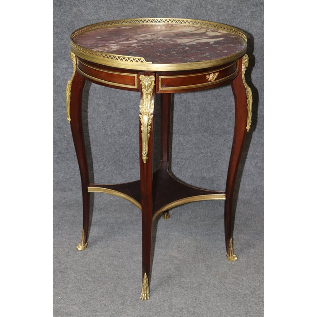 French Louis XV 1870s Era Marble Top Bronze Mounted Mahogany Round End by Millet For Sale - Image 4 of 16