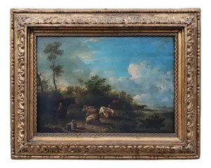Dutch School Artist, Landscape with Characters and Herds, 1700s, Oil on Board