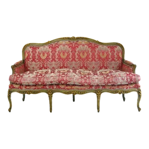 19th Century Antique Ruby Red Louis XIV Gilded Damask Sofa