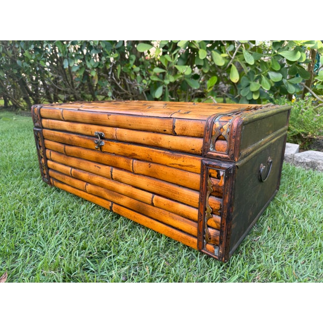 Vintage 29.5” Split Bamboo Trunk With Pierced Brass Gallery Trim For Sale - Image 4 of 12