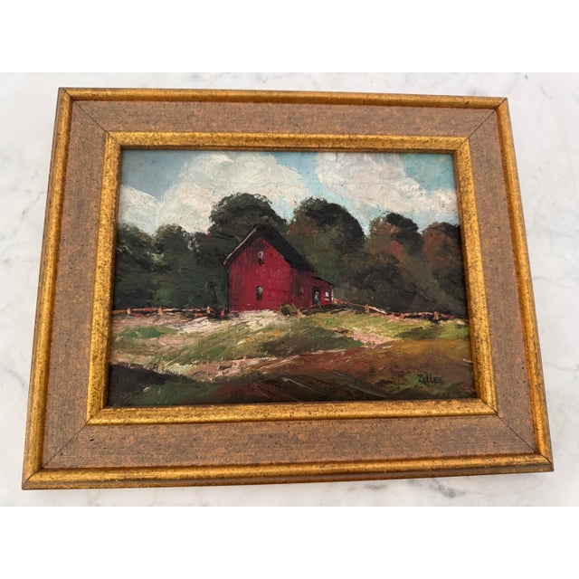 Small Vintage Oil Painting of Red Barn For Sale - Image 9 of 9