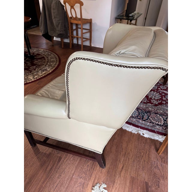 VTG Classic Leather Inc Mahogany Chippendale Wingback Chair Ottoman Beige Set For Sale - Image 4 of 15