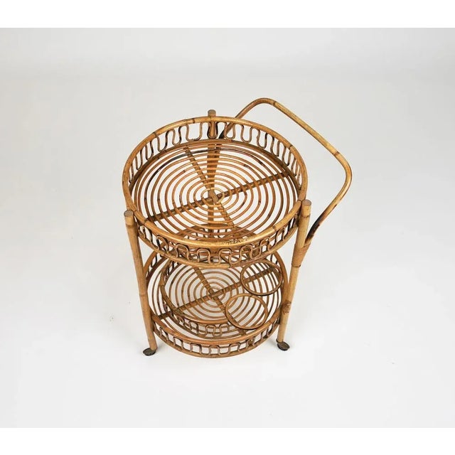 1960s Mid-Century Round Serving Bar Cart in Bamboo and Rattan, Italy, 1960s For Sale - Image 5 of 13