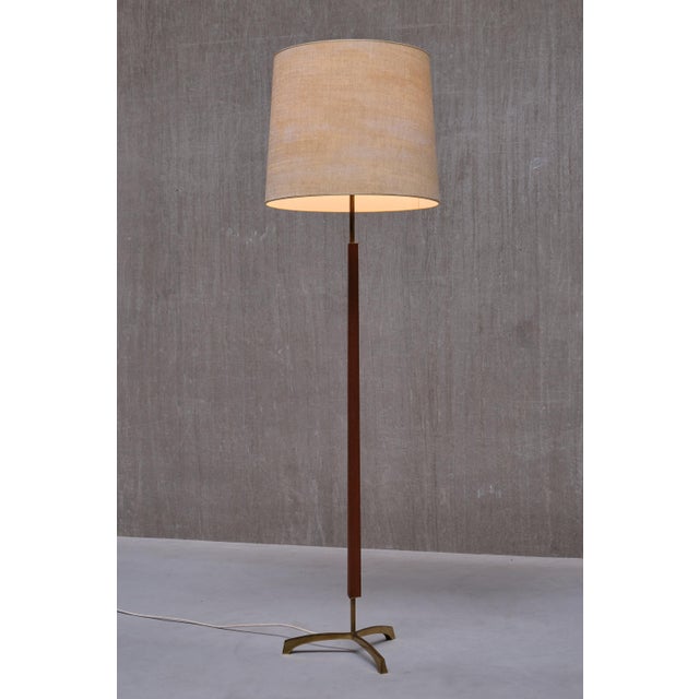 Modern Danish Three Legged Floor Lamp in Brass, Teak and Textured Shade, 1950s For Sale - Image 4 of 15