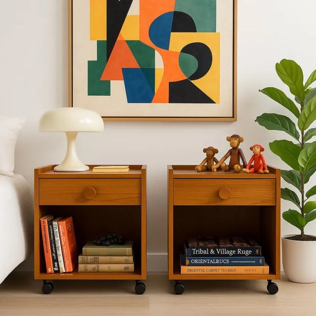 Pair of Mid Century Modern Teak Nightstands, c. 1960's. Beautifully designed, small scale nightstands featuring a single...