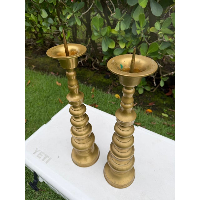 Metal Vintage 20” Brass Turned Baluster Candlesticks, a Pair For Sale - Image 7 of 12