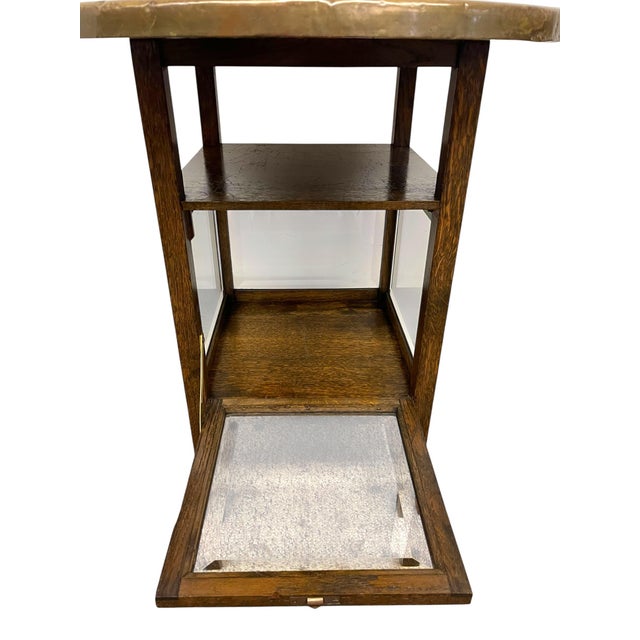 1970s Vintage Arts & Crafts Side Table With Hammered Brass Tray Top and Glass Display Cabinet For Sale - Image 5 of 11