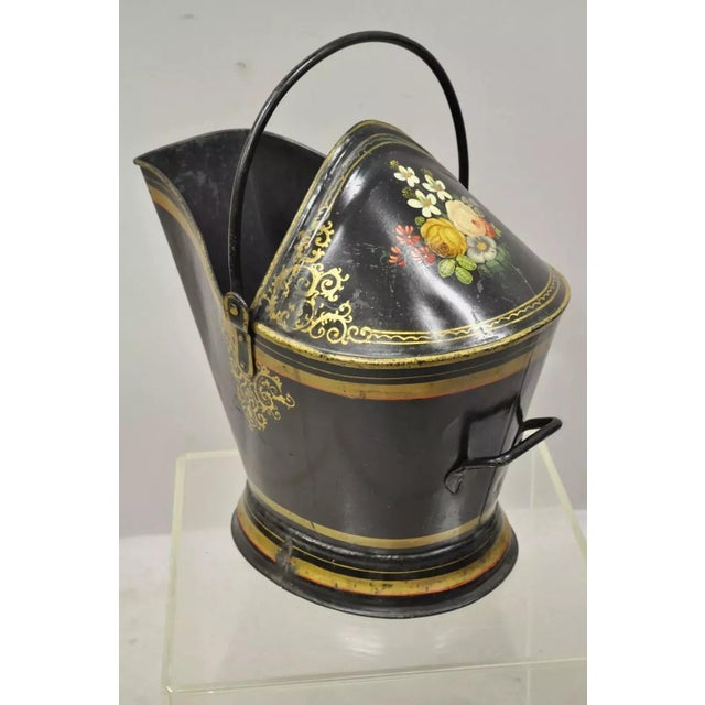 Antique Victorian Black Steel Hand Painted Flower Tole Metal Coal Scuttle Bucket For Sale - Image 12 of 12