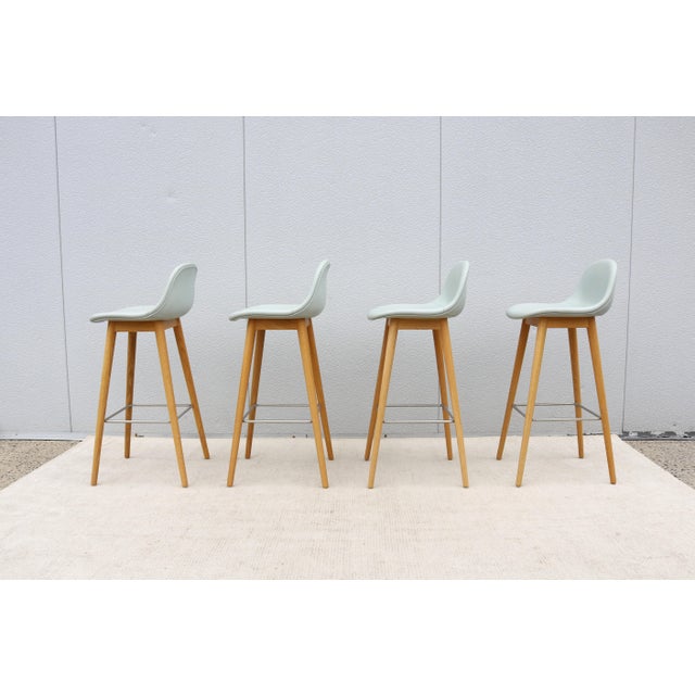 Danish Modern Iskos-Berlin for Muuto Leather Fiber Bar Stools Oak Base, Set of 4 For Sale - Image 11 of 18