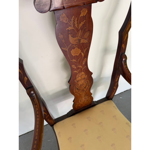 Early 19th Century Antique Dutch Marquetry Mahogany Open Armchair With Bird & Floral Inlay, Late 19th Century For Sale - Image 5 of 12