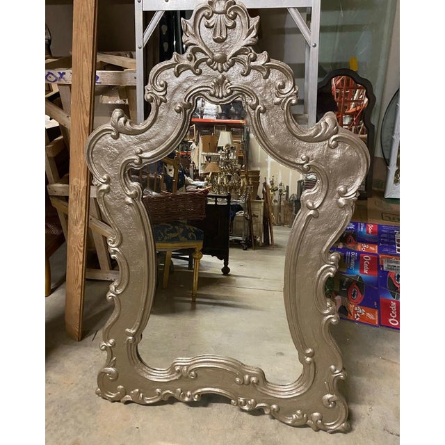 Vintage Oversized Silver Wooden Rococo Style Wall Mirror For Sale In Atlanta - Image 6 of 7