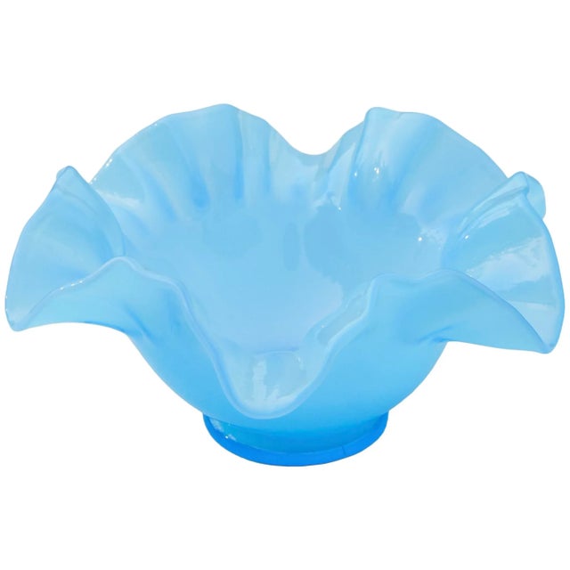 American Mid 20th Century Handcrafted & Ruffled Blue Art-Glass Bowl Accent For Sale - Image 3 of 7