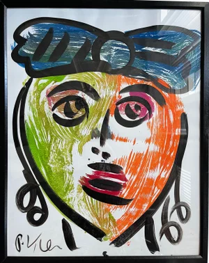 Contemporary Abstract Face Portrait Painting by Peter Keil, Framed