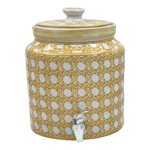 Early 21st Century Ballard Designs Faux Wicker Cane Ceramic Drink Dispenser Holds 8 Quarts