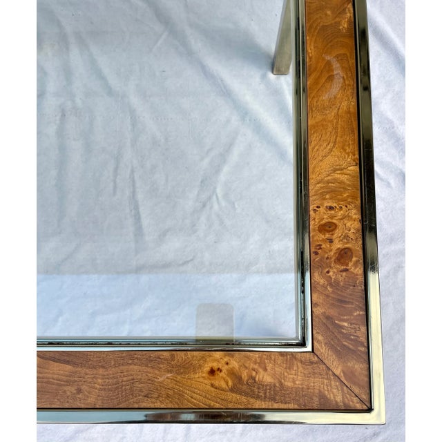 Mastercraft 1960's Brass, Burl-Wood and Glass Parsons Side Table For Sale - Image 4 of 13