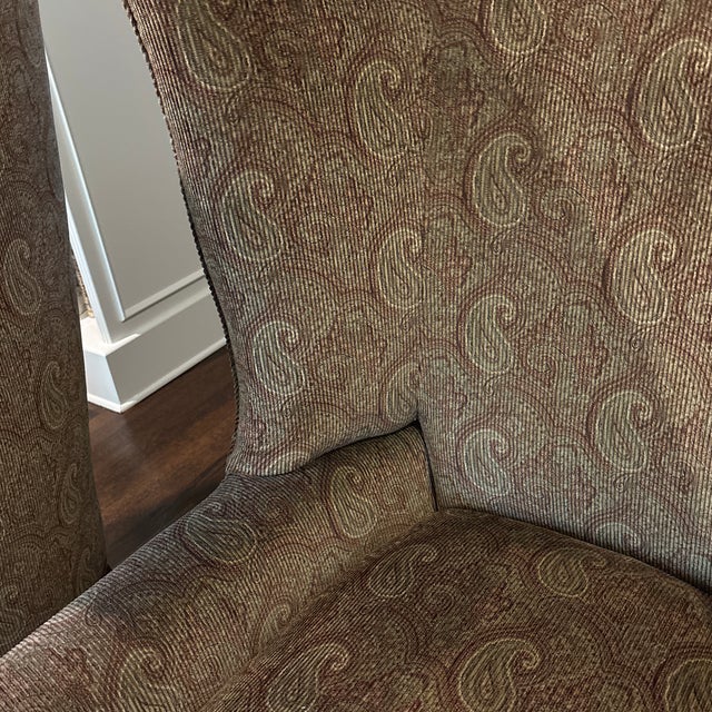 Pair of Custom Made Wingback Chairs in Paisley Corduroy, Perfect Condition For Sale - Image 11 of 12